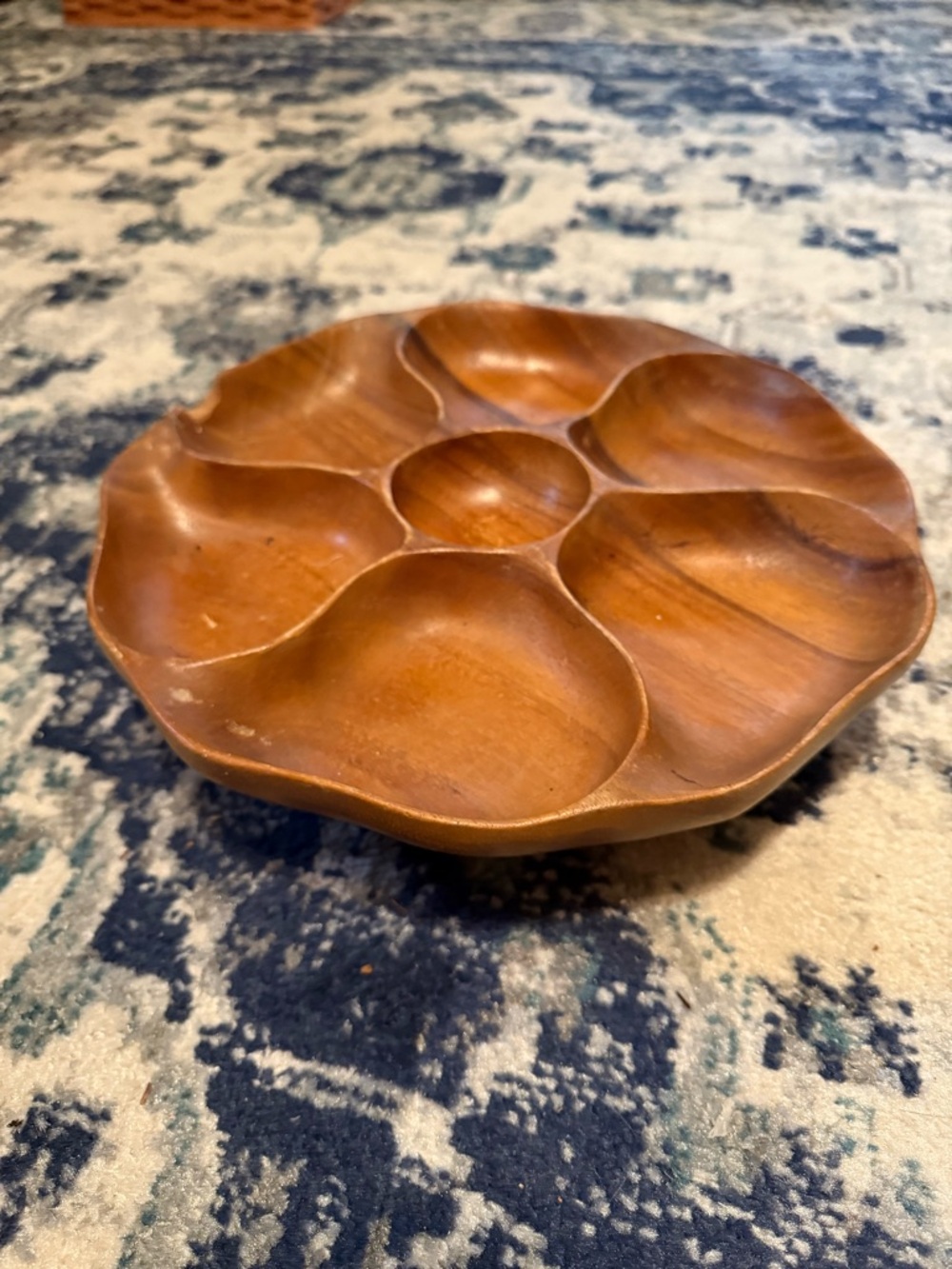 Vintage Lazy Susan Wooden Serving Tray with Six Compartments - NOTE condition